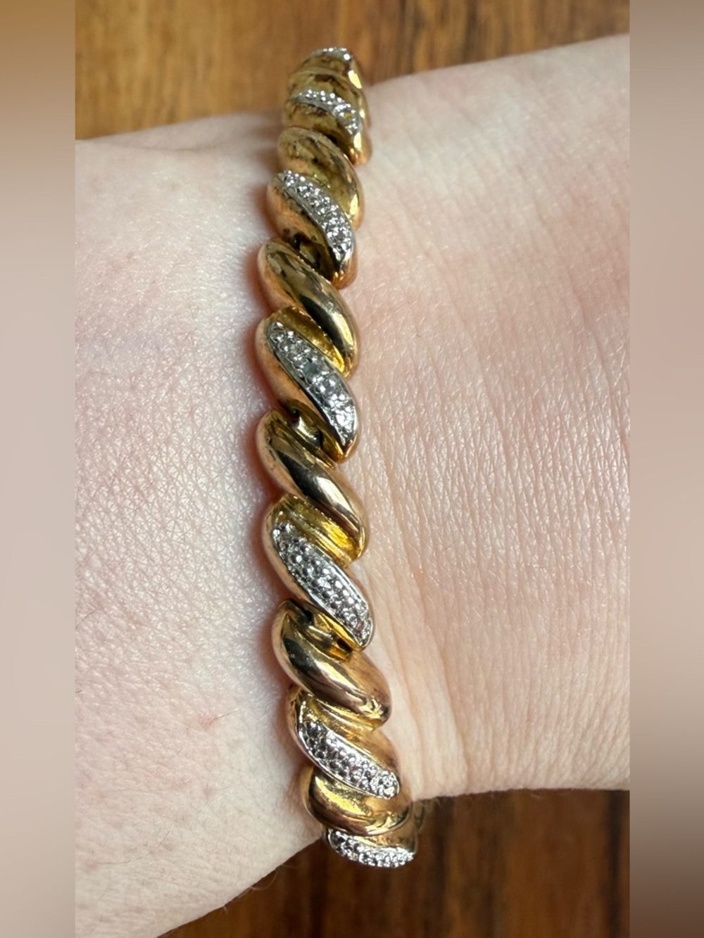 Two-Tone Gold and Silver Women's Link Bracelet illusion Diamond Pavé Accent